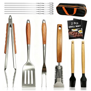 BooJoop Grill Tool Set,15 Pcs BBQ Tools, Stainless Steel Wooden Handle Grilling Accessories,Barbecue Utensils with Tongs,Spatula, Fork, Cleaning Brush,Silicone Basting Brush,Kabob Skewers,Grill Mat