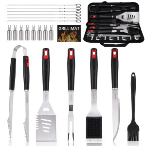 BooJoop Barbecue Tool Set,21 Pcs Grilling Utensils Set,ABS Handle Grill Accessories  with 16" Tongs,Spatula, Fork, Cleaning & Basting Brush,Skewers,Corn Holders,Grill Mat