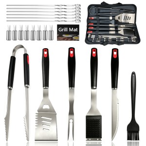 BooJoop BBQ Tool Set,21 Pcs Grilling Tools Set, Stainless Steel ABS Handle Grill Accessories,Barbecue Utensils with Tongs,Spatula, Fork, Cleaning Brush,Silicone Basting Brush,Kabob Skewers,Grill Mat