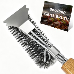 BooJoop Grill Brush, 16'' Wood Strong Handle, BBQ Cleaner with Scraper